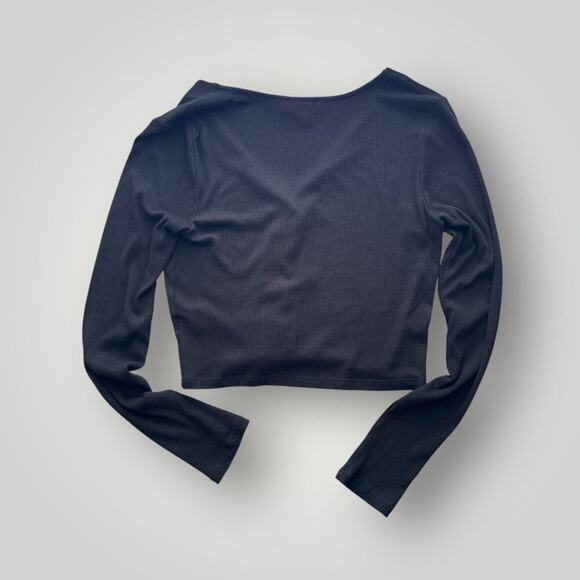 Black Cropped Ribbed V-Neck Cardigan Sweater Size Large - Picture 3 of 4